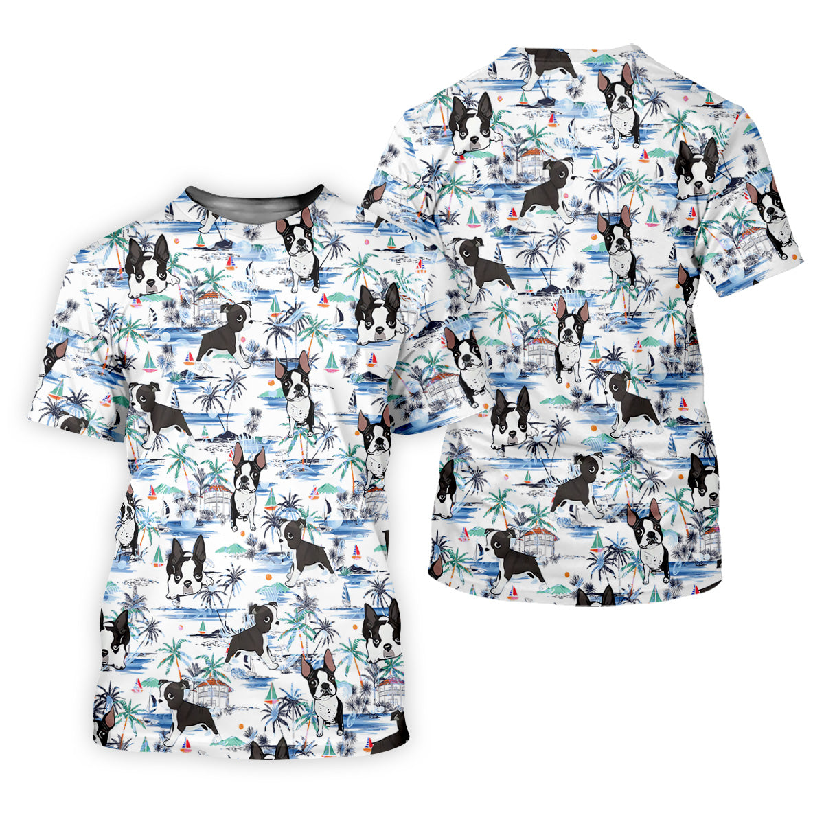 Boston Terrier Ocean Vibe White Tropical Golf Shirts, Men's Funny Golf Shirts, Gifts For Dog Lovers
