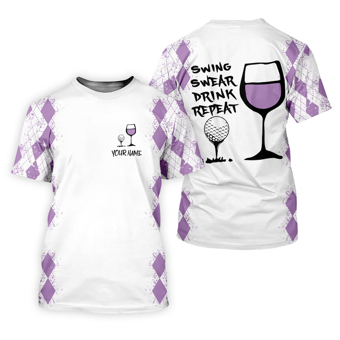 Swing Swear Drink Repeat Purple Argyle Golf Shirt, Fun Womens Golf Shirts, White Polo Women, Ladies Golf Shirts