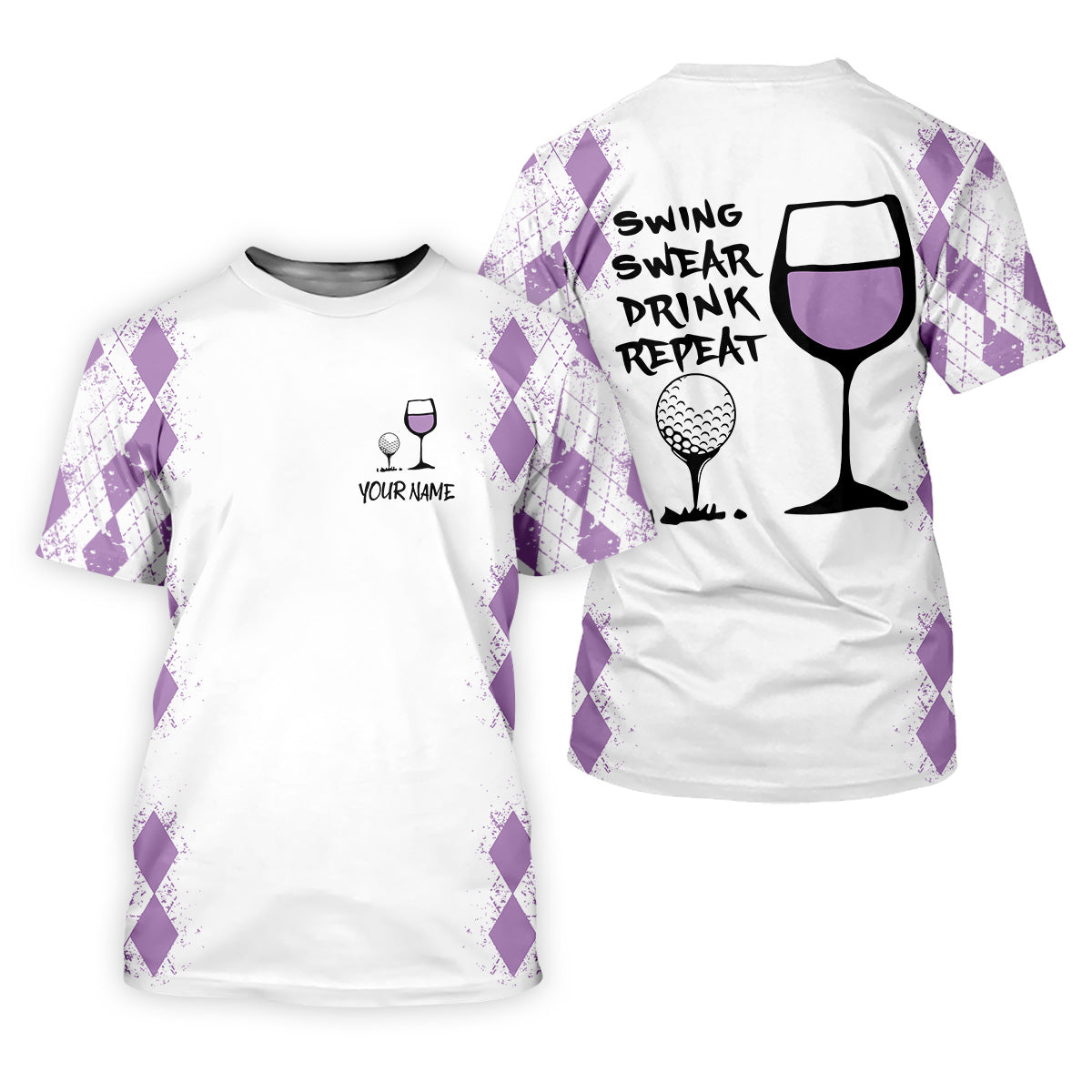Swing Swear Drink Repeat Purple Argyle Golf Shirt, Fun Womens Golf Shirts, White Polo Women, Ladies Golf Shirts