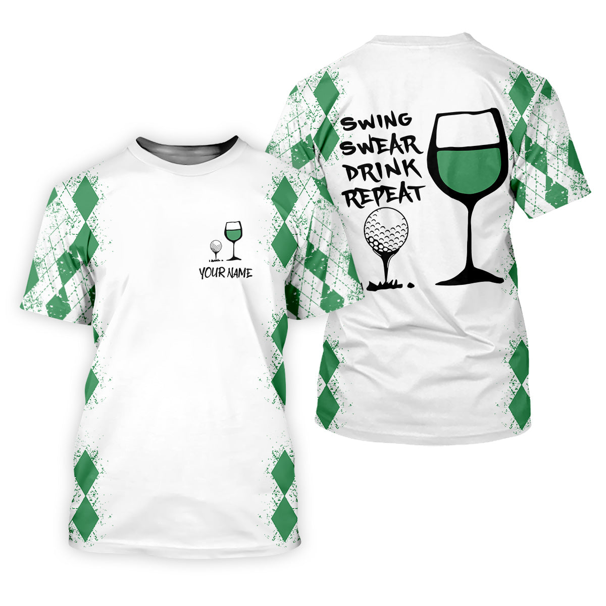 Swing Swear Drink Repeat Green Argyle Golf Shirt, Fun Womens Golf Shirts, White Polo Women, Ladies Golf Shirts