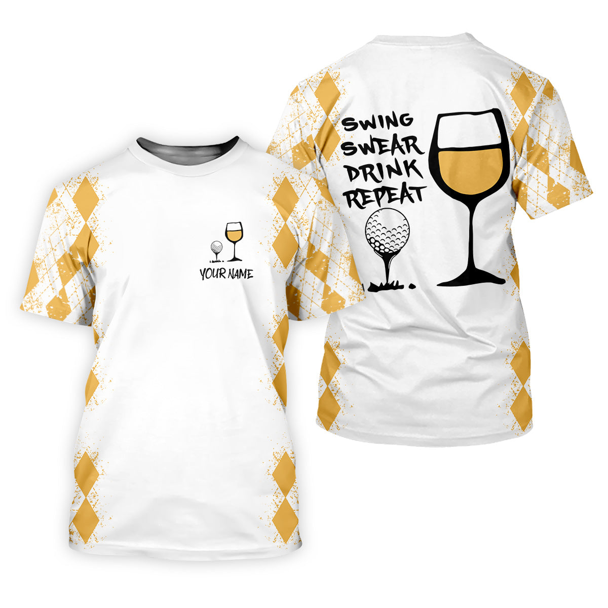 Swing Swear Drink Repeat Yellow Argyle Golf Shirt, Fun Womens Golf Shirts, White Polo Women, Ladies Golf Shirts