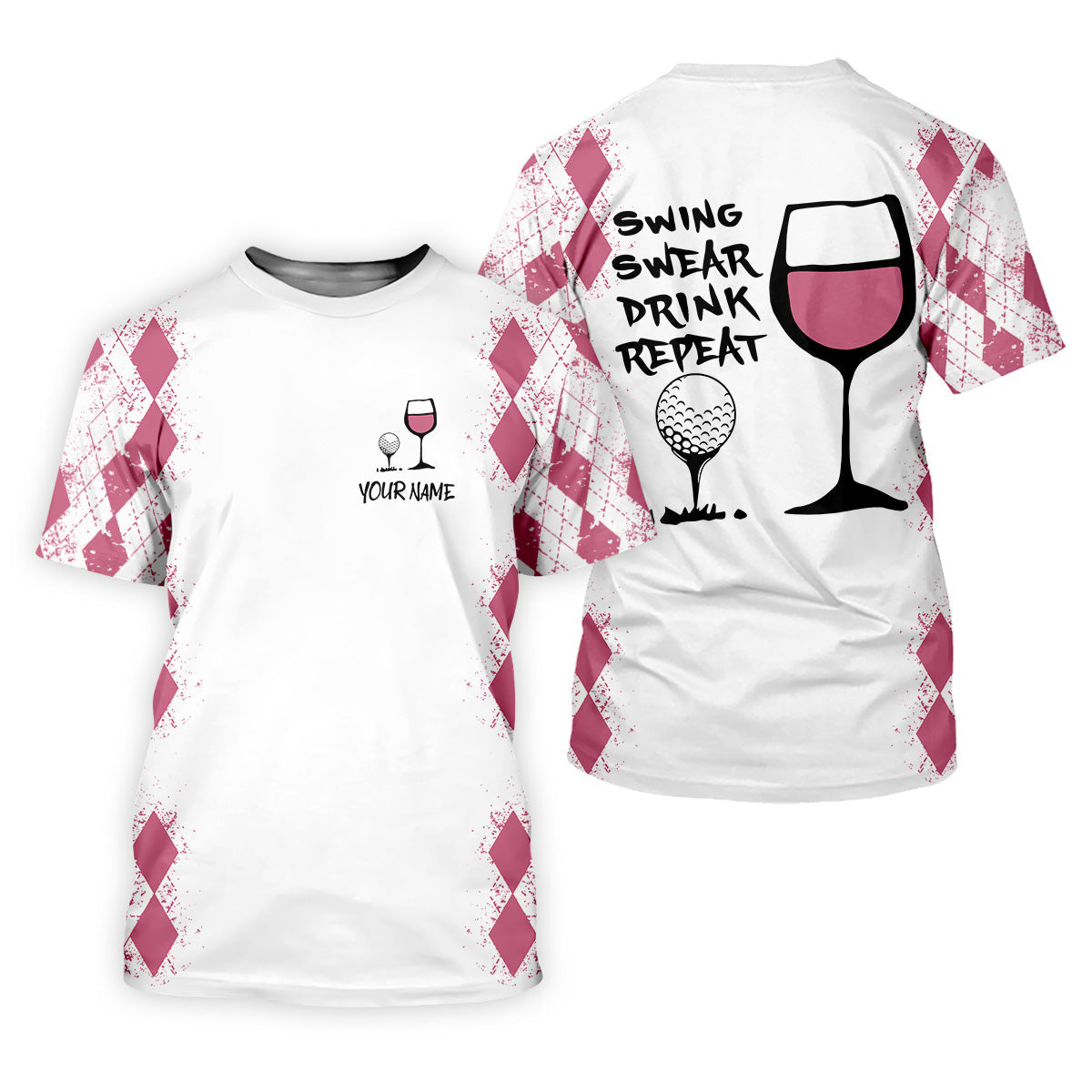 Swing Swear Drink Repeat Pink Argyle Golf Shirt, Fun Womens Golf Shirts, White Polo Women, Ladies Golf Shirts