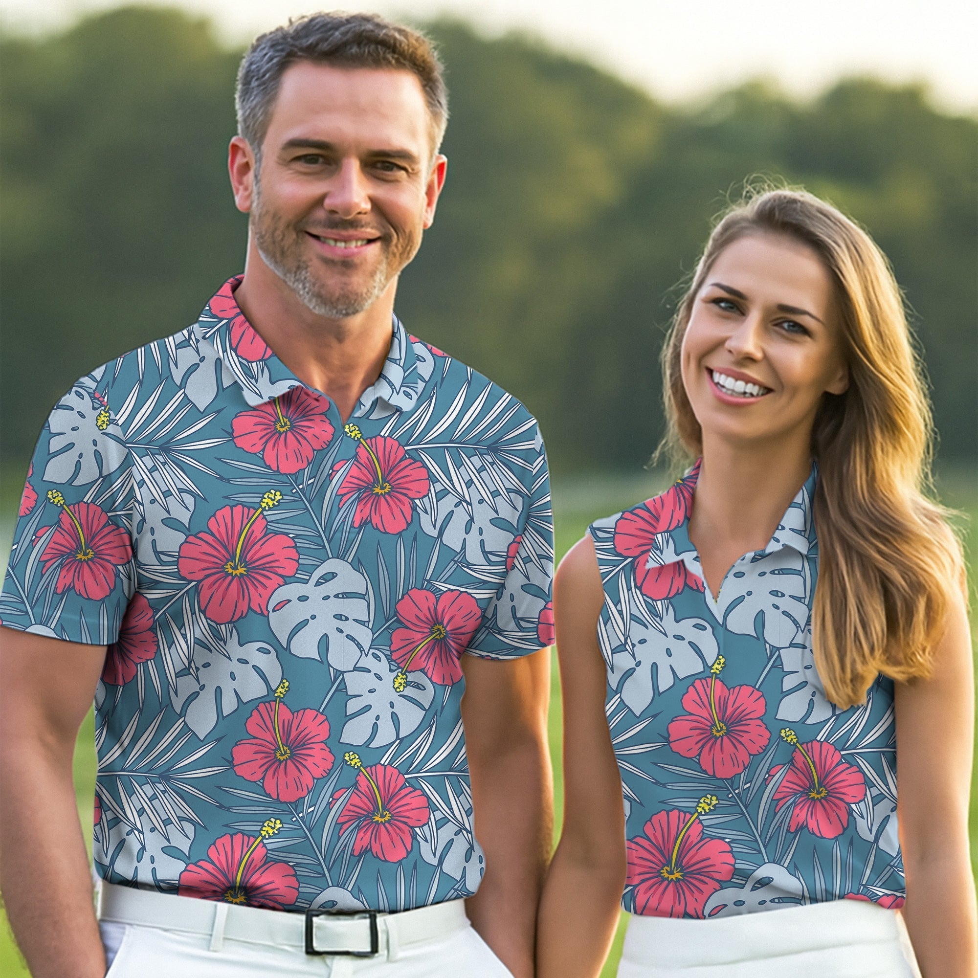 Hibiscus Flower And Leaf Patterned Golf Shirts, Womens Golf Polo Shirt Tropical Golf Shirts