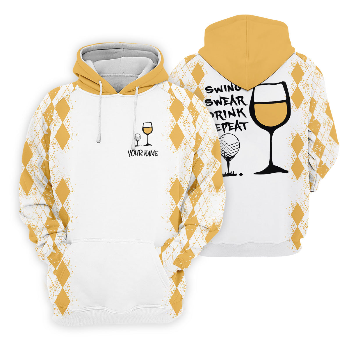 Swing Swear Drink Repeat Yellow Argyle Golf Shirt, Fun Womens Golf Shirts, White Polo Women, Ladies Golf Shirts