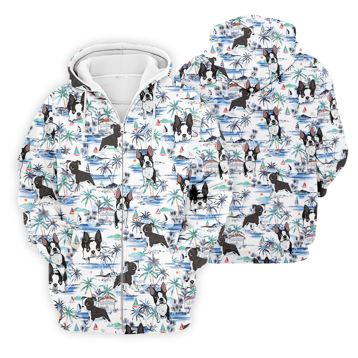 Boston Terrier Ocean Vibe White Tropical Golf Shirts, Men's Funny Golf Shirts, Gifts For Dog Lovers