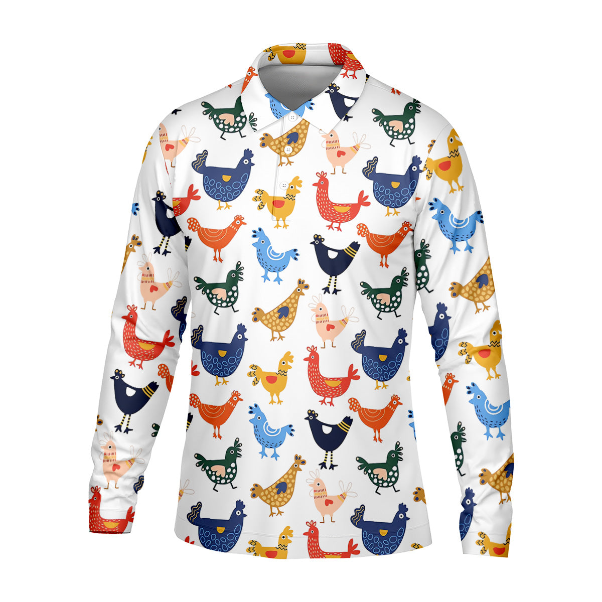 Colorful Animated Chickens White Polo Shirt, Fun Golf Shirts For Men, Gift For Chicken Lover