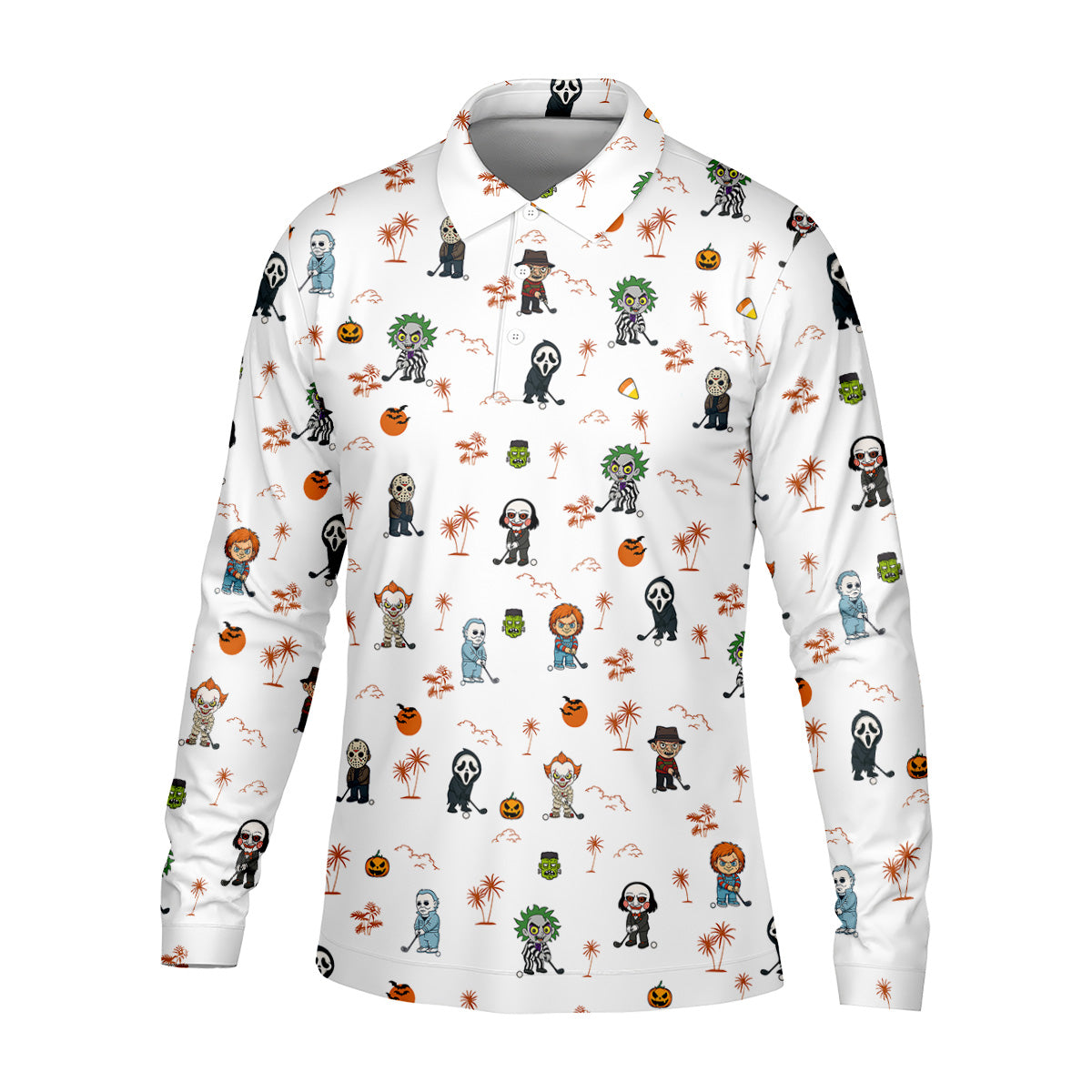 Horror Halloween Character Tropical Golf Shirt, Halloween Polo Shirt Mens White Polo, Golfing Apparel