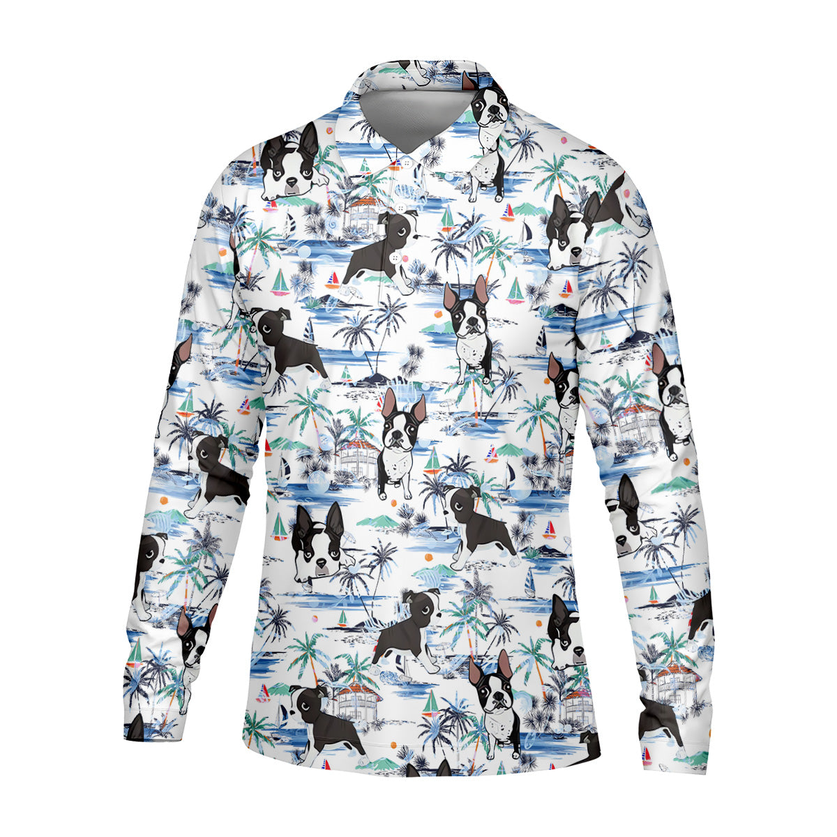 Boston Terrier Ocean Vibe White Tropical Golf Shirts, Men's Funny Golf Shirts, Gifts For Dog Lovers