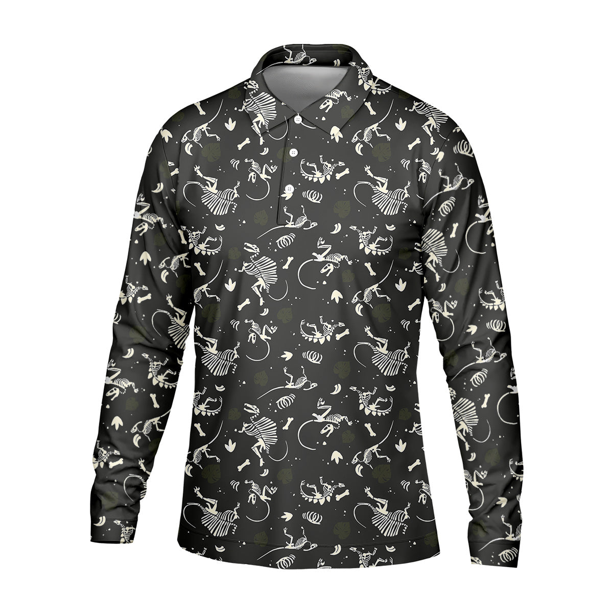 Dinosaur Golf Shirt, Funny Skeleton Patterned Golf Polos, Long Sleeve Golf Shirts, Men Golf Polo