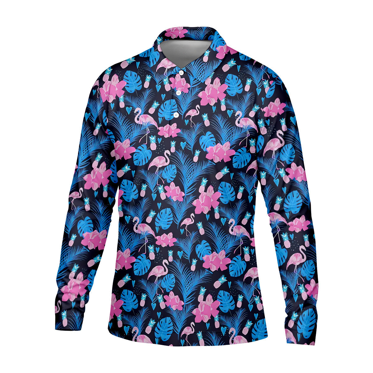 Flamingo Pink Pink And Blue Tropical Golf Shirts, Polo ShirtFor Men, Golf Gift For Men, Golfing Apparel