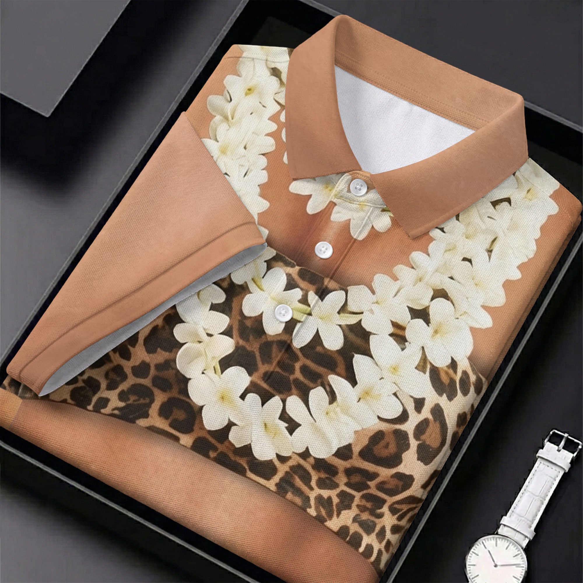 Floral Lei Tropical Theme Party Leopard Print Hawaiian Golf Shirt, Golf Shirt For Women