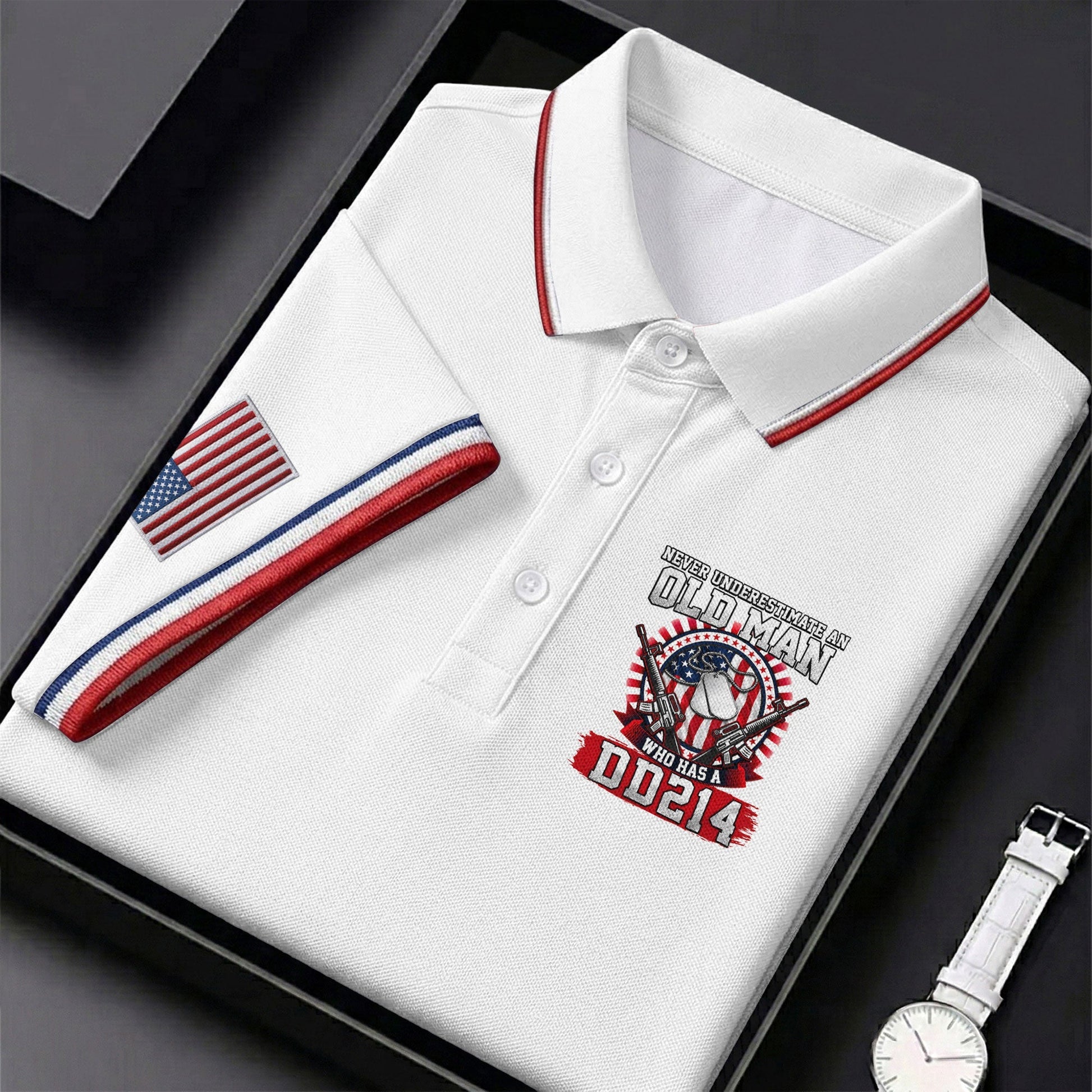 Never Underestimate An Old Man Who Was A DD214 Veterans Golf Shirts For Men, 250 Years Patriotic Golf Shirt