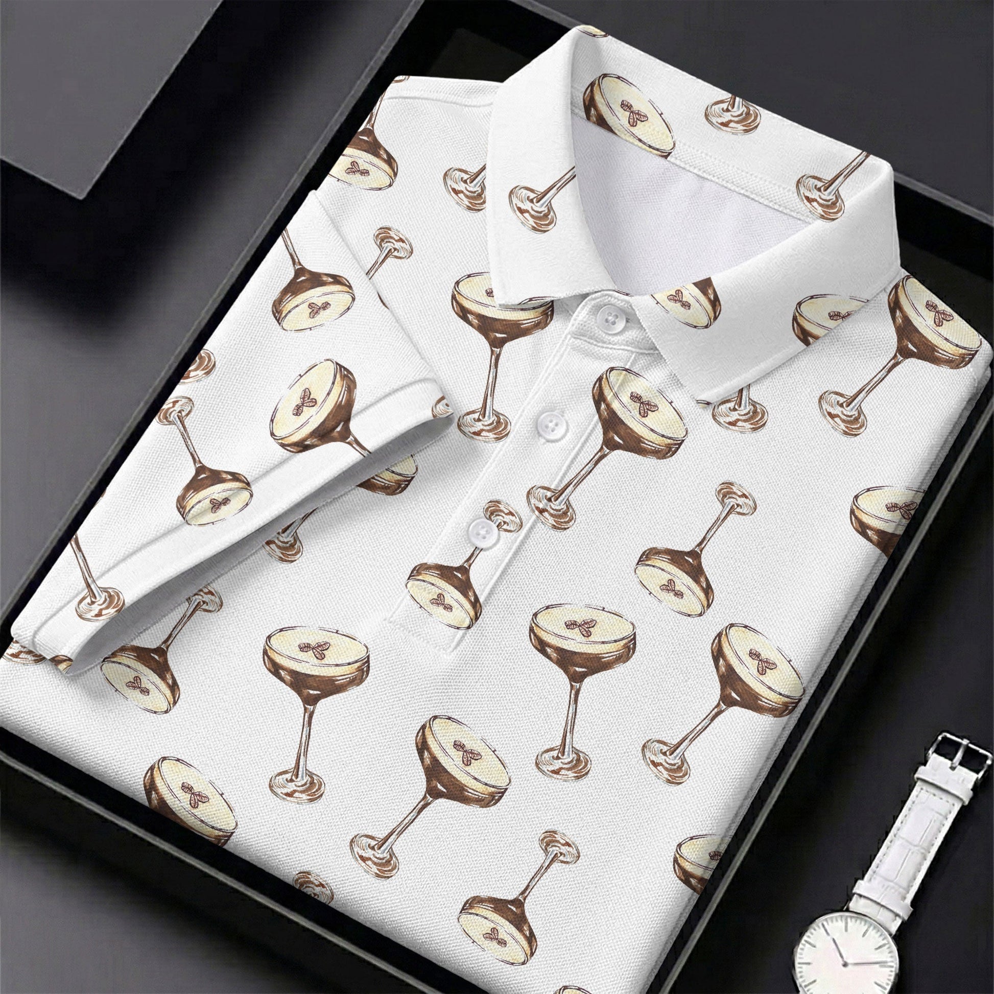 Expresso Martini Doodle Seamless Pattern Hawaiian Golf Shirt, Polo Shirt Men