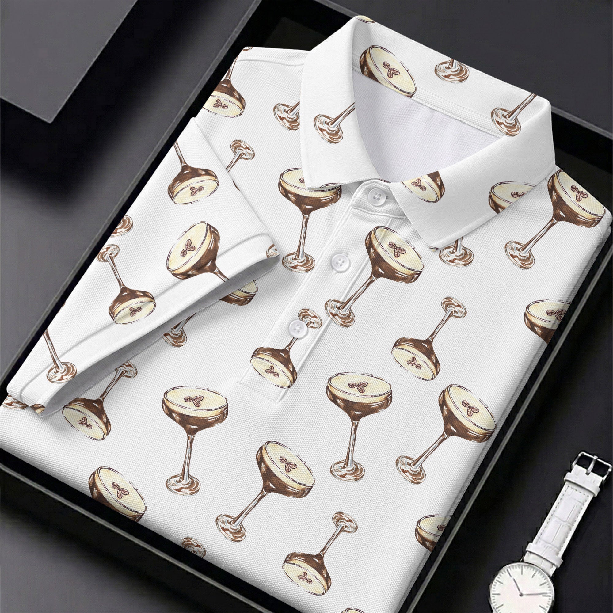 Expresso Martini Doodle Seamless Pattern Hawaiian Golf Shirt, Polo Shirt Men