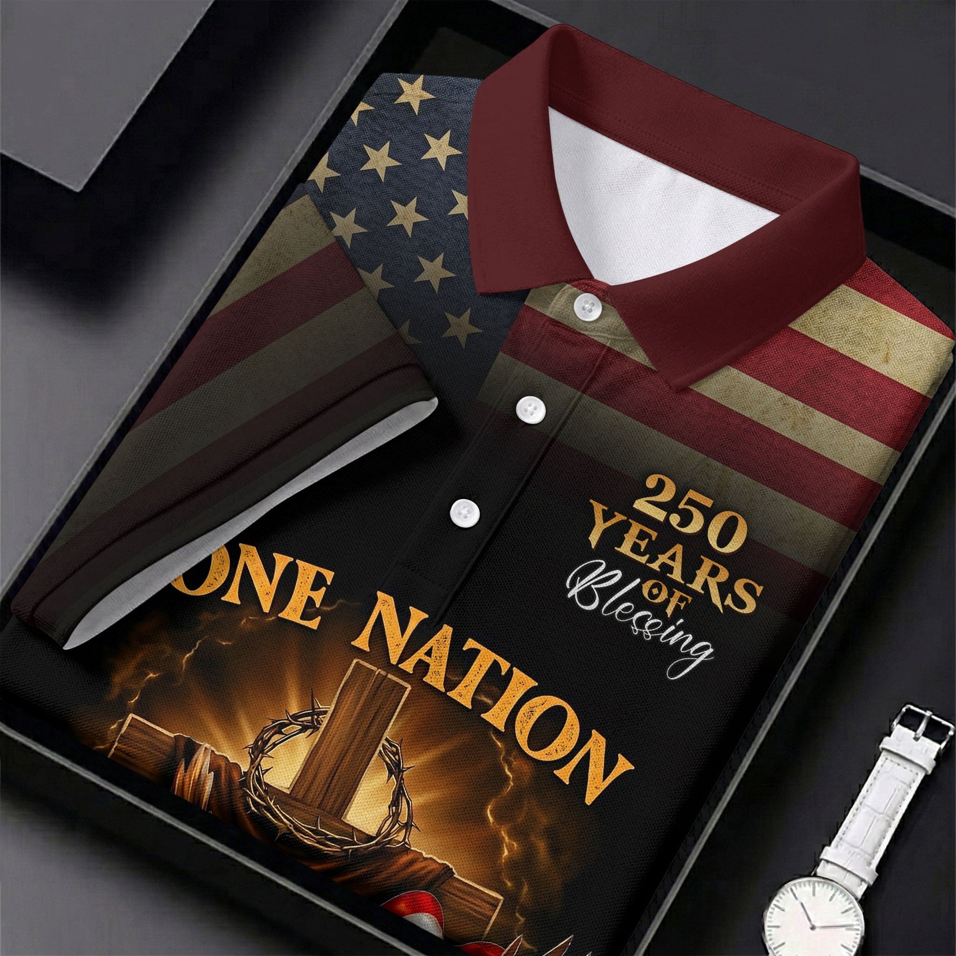 One Nation Under God 250 Years Faith Cross Golf Tops For Men, Patriotic US Flag Father's Day Golf Shirt
