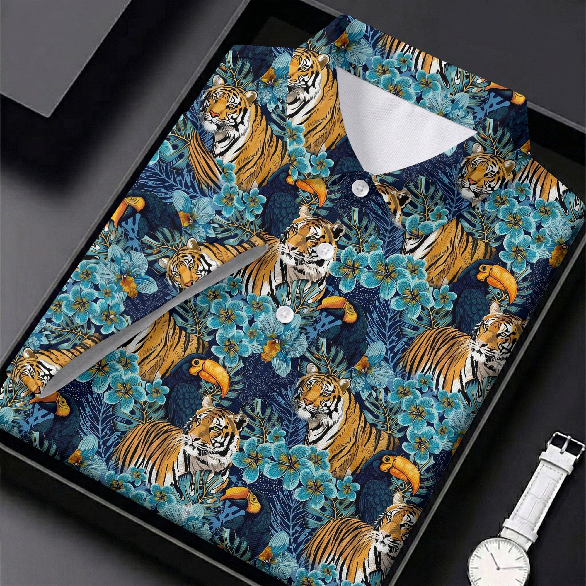 Tiger And Toucan Tropical Foliage Hawaiian Golf Shirt, Golf Shirt For Women, Golfing Apparel