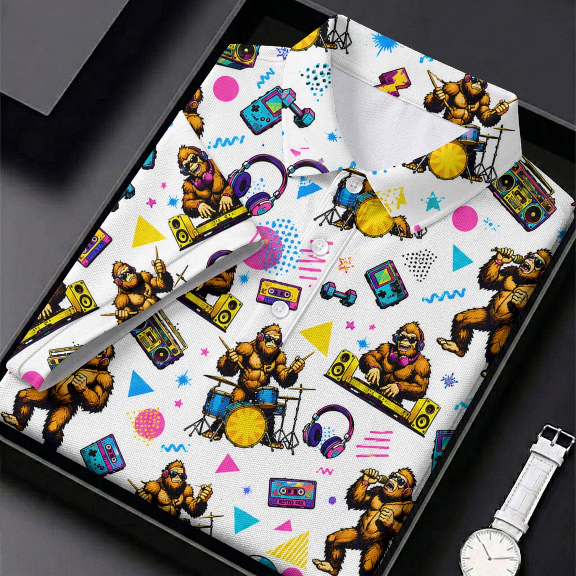 Bigfoot Party Memphis Pattern Retro Golf Shirt, Hawaiian Golf Shirt, Polo Shirtor Men