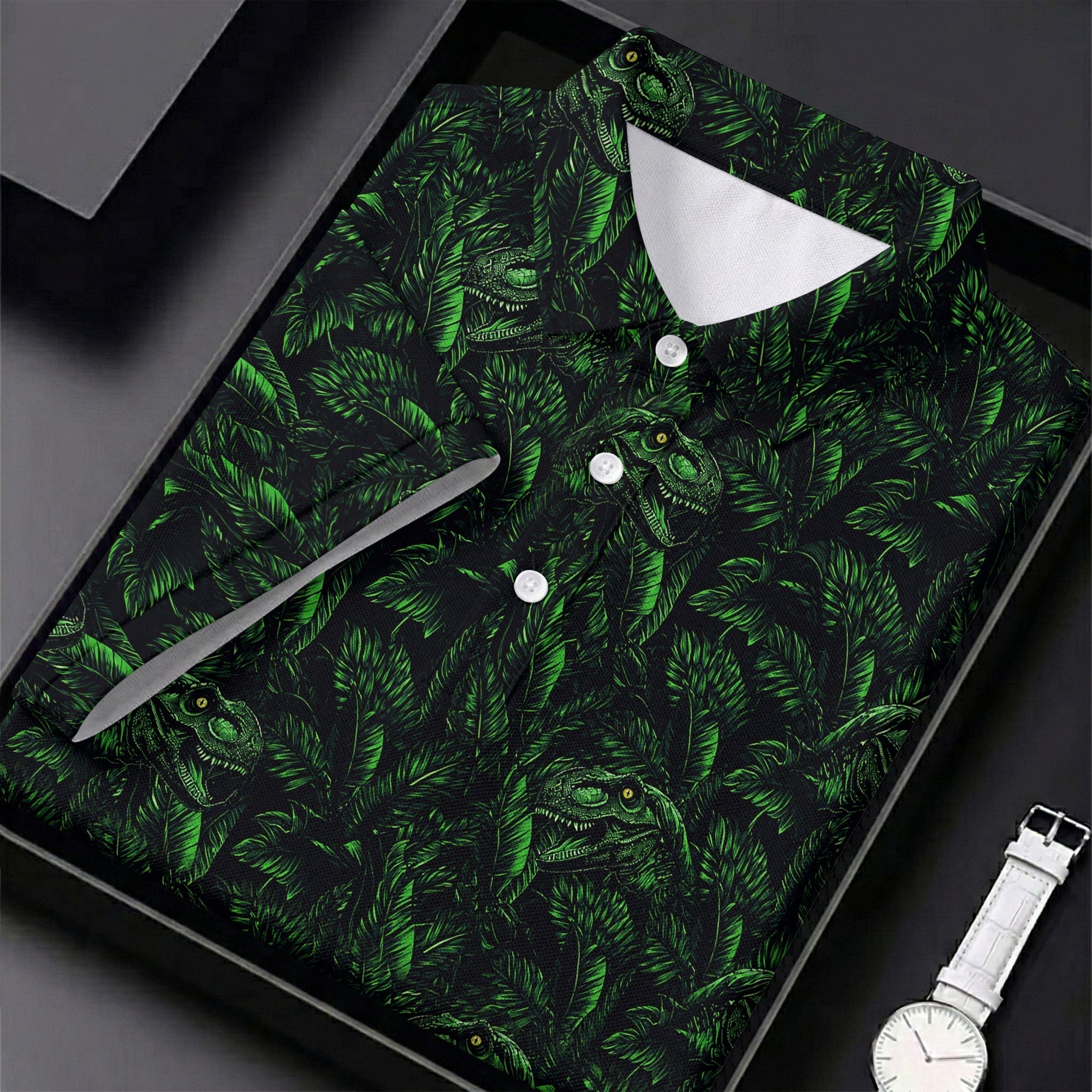 Dinosaurs In The Forest Deep Forest Green Hawaiian Golf Shirt, Women's Polo Shirt