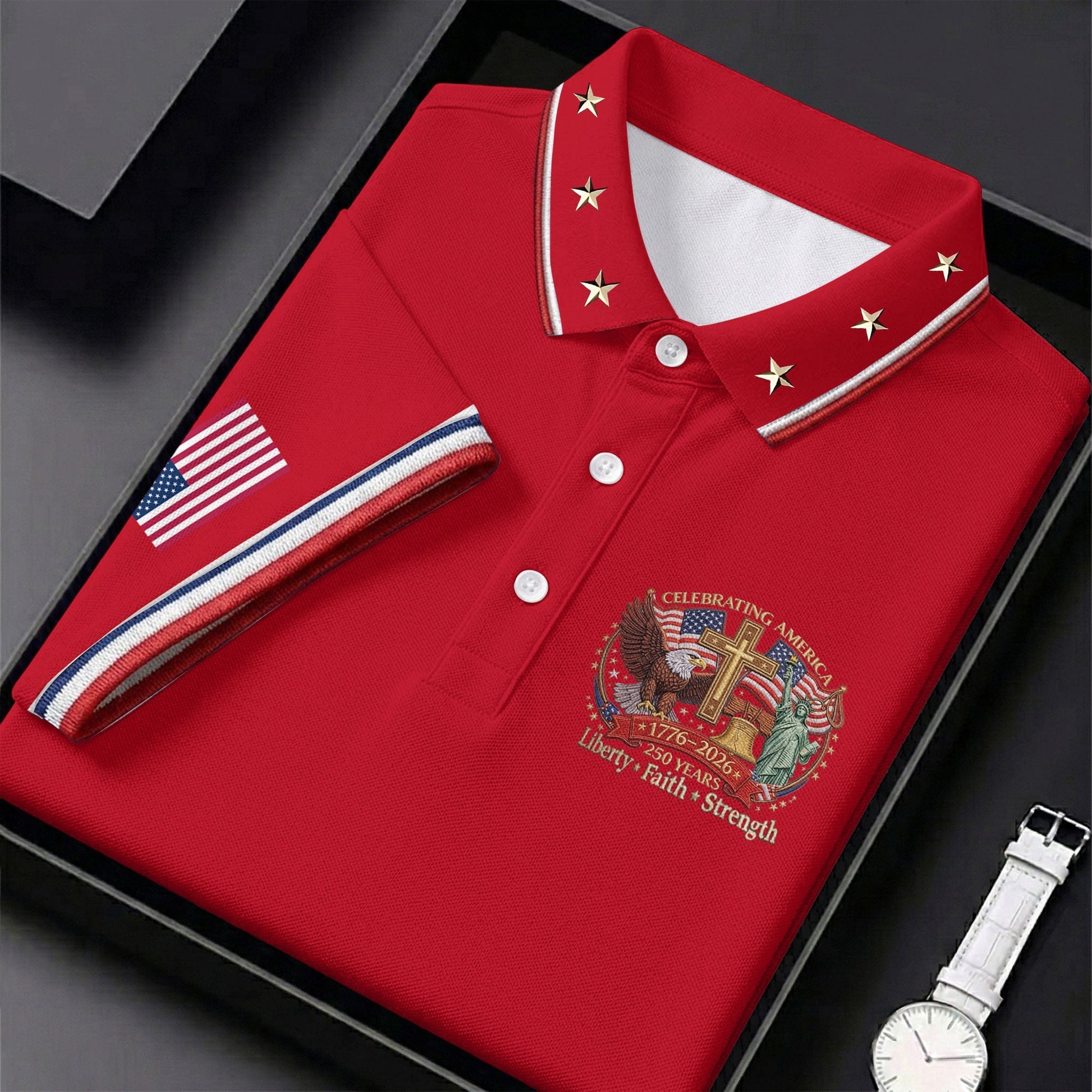 Liberty Faith Strength Faith Cross USA 250 Red Golf Shirt, 4th Of July Golf Shirt For Women