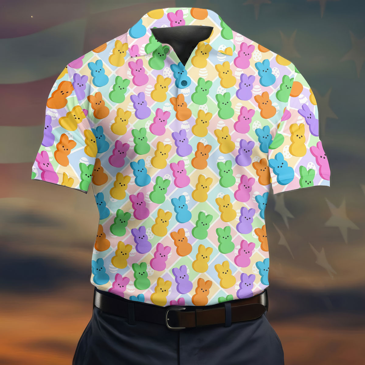 Pastel Easter Peeps Colorful Checkered Golf Shirts For Men, Cute Golf Outfit, Polo ShirtFor Men