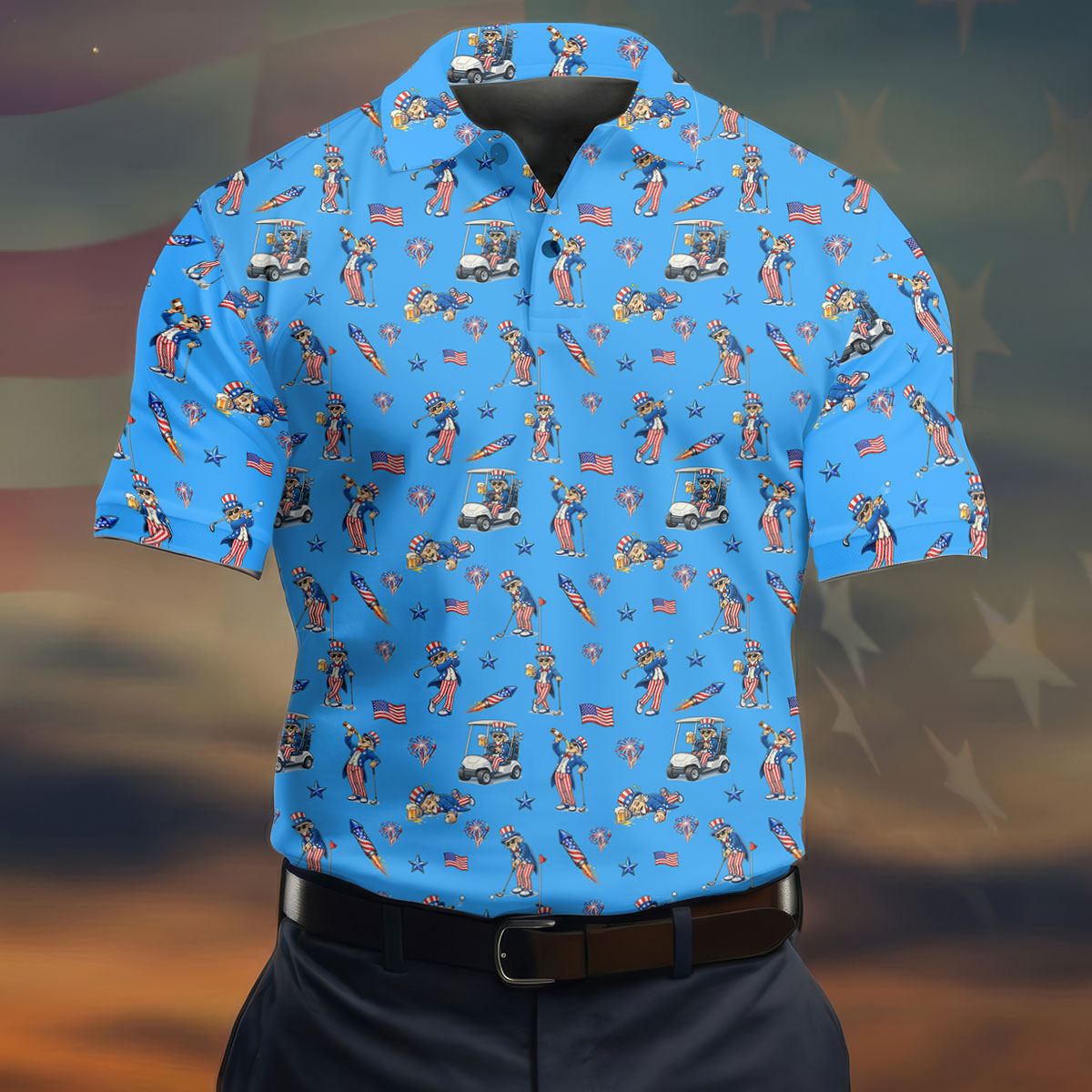 Patriotic Man Golf And Beer Funny 4th Of July Blue Golf Shirt, 250 Years Seamless Pattern Golf Shirts For Men