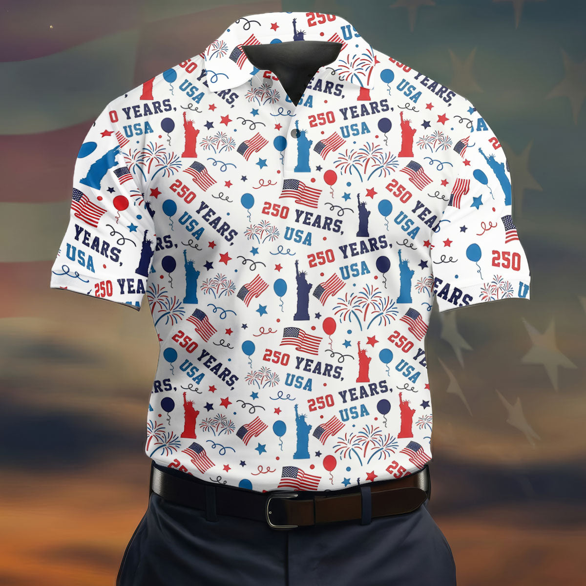 250 Years USA Red White Blue Seamless Pattern White Golf Shirt, Patriotic 4th Of July Golf Shirts For Men