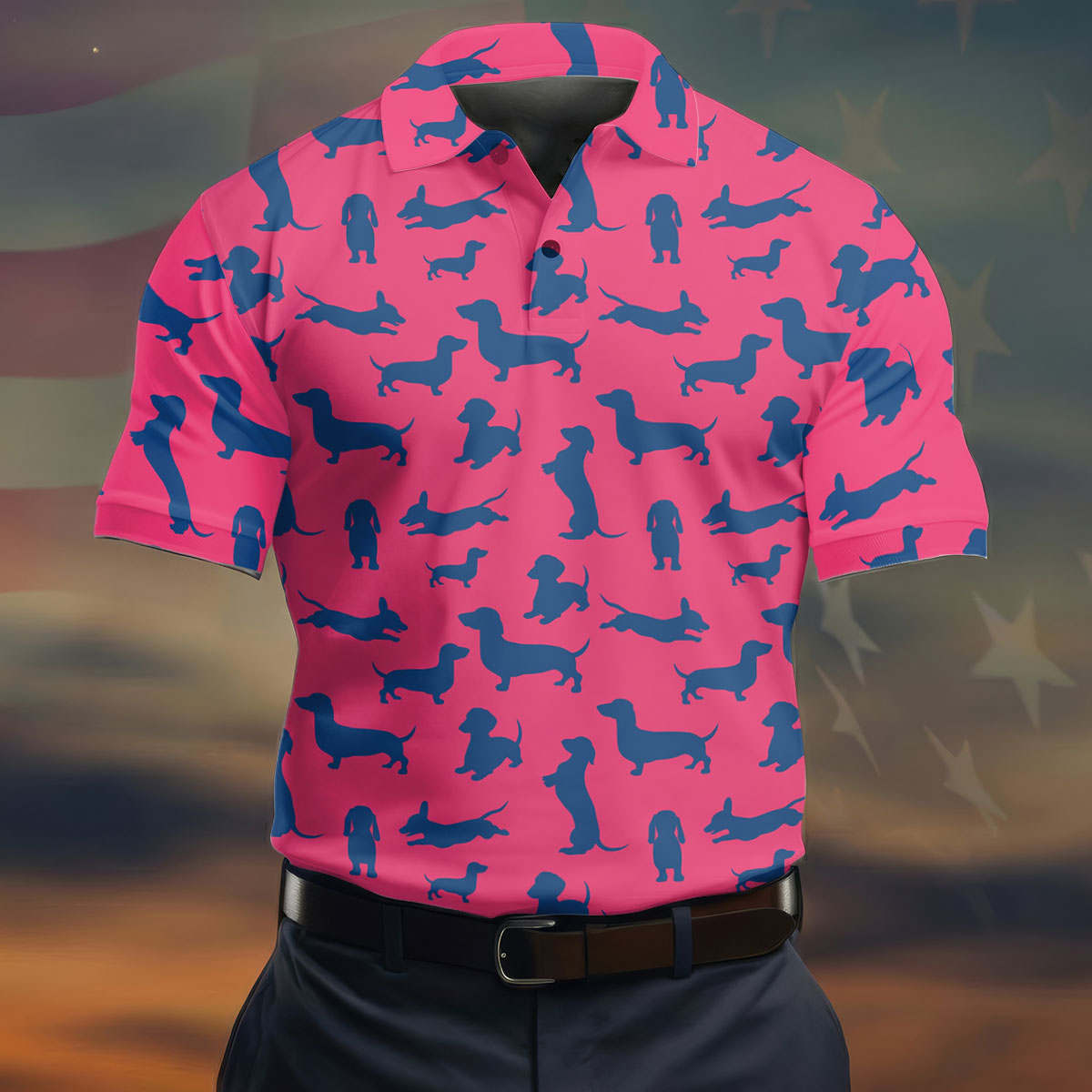 Funny Dachshund Pink And Navy Cute Golf Shirt, Men's Funny Golf Shirts, Golf Shirts For Men