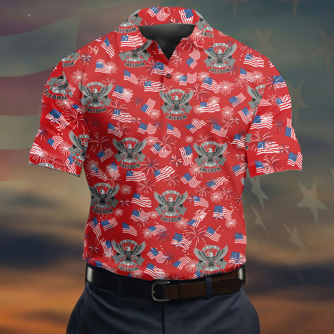 250 Years Of Freedom Festive Flag Vintage Red Golf Shirt, Patriotic 4th Of July Golf Shirts For Men