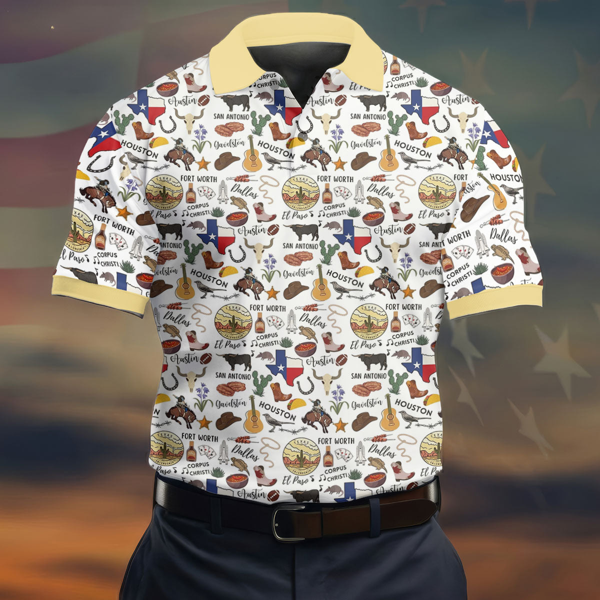 Texas Symbols Western Theme Doodle Style Golf Tops For Men, Polo Shirtor Men, Golf Shirts For Men