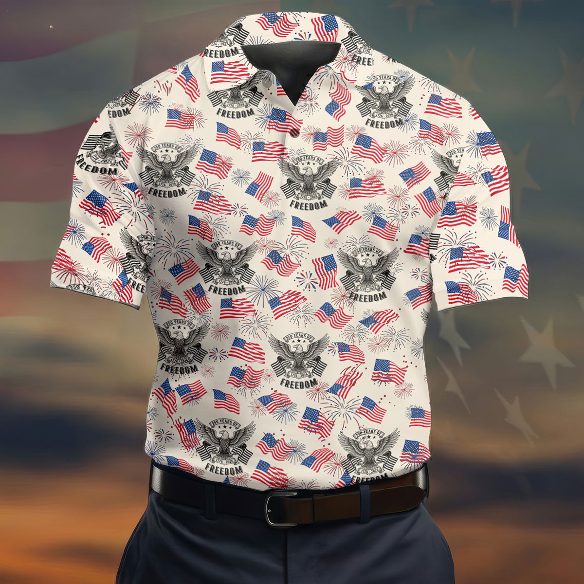 250 Years Of Freedom Festive Flag Vintage Beige Golf Shirt, Patriotic 4th Of July Golf Shirts For Men