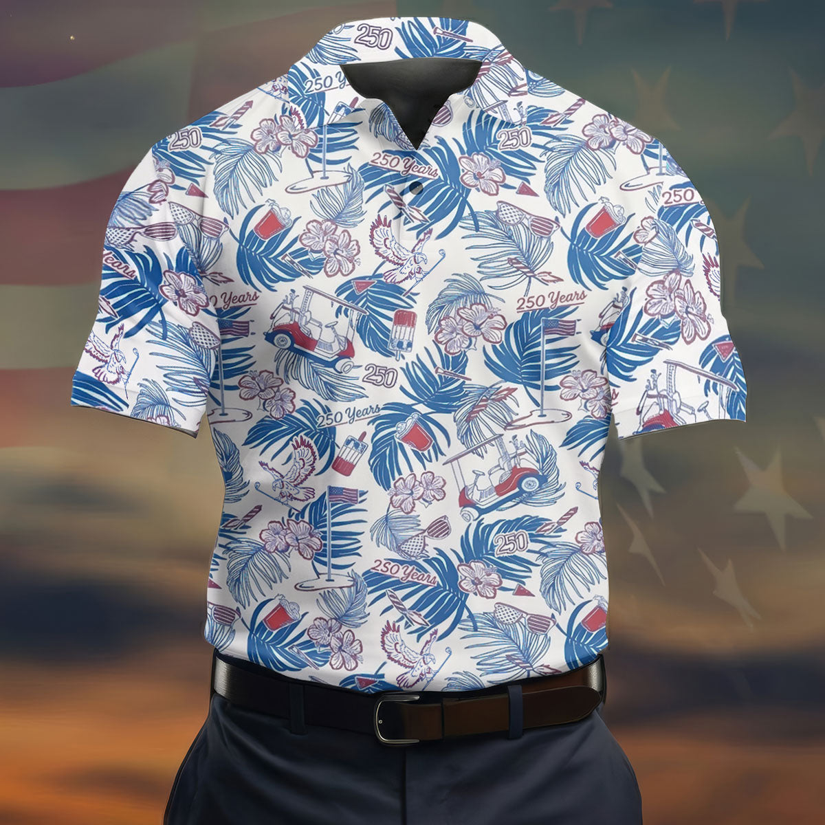 250 Years Red White Blue Tropical Floral Patriotic Golf Shirt, 4th Of July Golf Shirts For Men