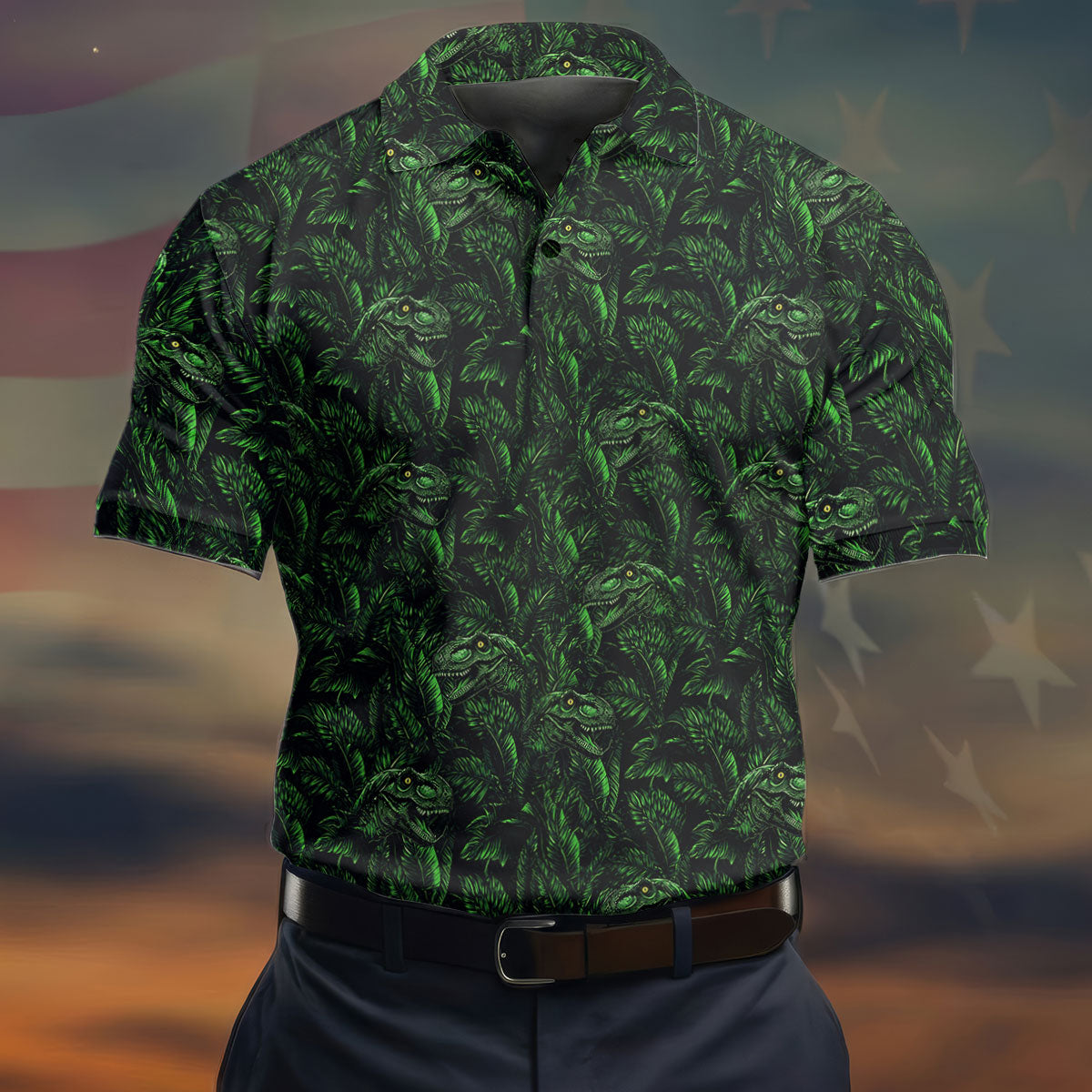 Dinosaurs In The Forest Deep Forest Green Hawaiian Golf Shirt, Polo Shirtor Men