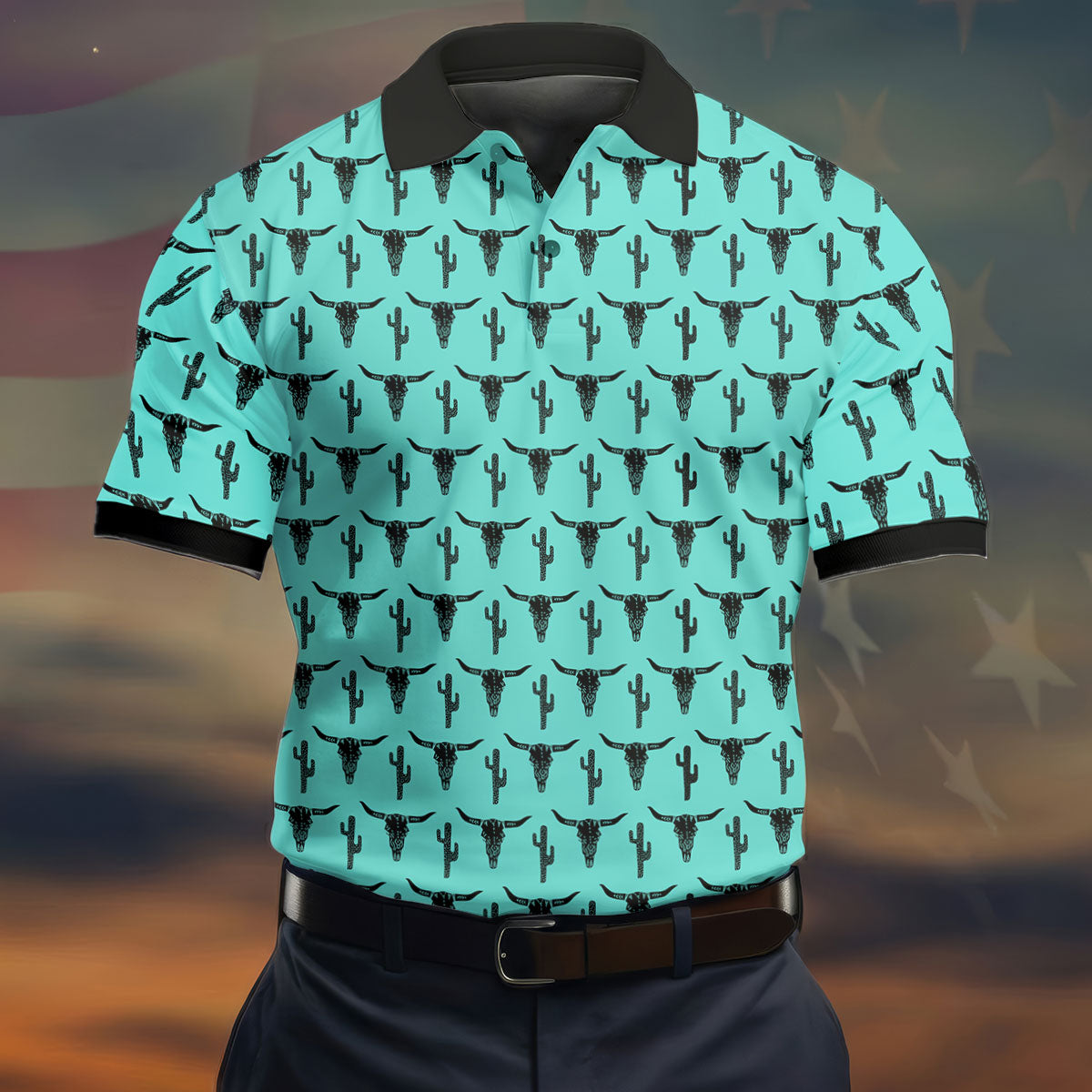 Longhorn Cow Skull Western Theme Peacock Blue Golf Tops For Men, Polo Shirtor Men, Golf Shirts For Men