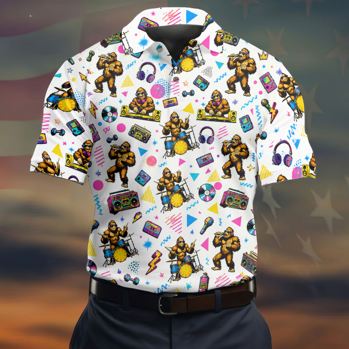 Bigfoot Party Memphis Pattern Retro Golf Shirt, Hawaiian Golf Shirt, Polo Shirtor Men