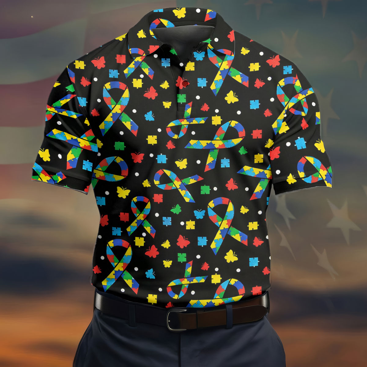 Autism Awareness Ribbon Colorful Butterflies Black Golf Shirt, Golf Tops For Men, Golf Shirts For Men