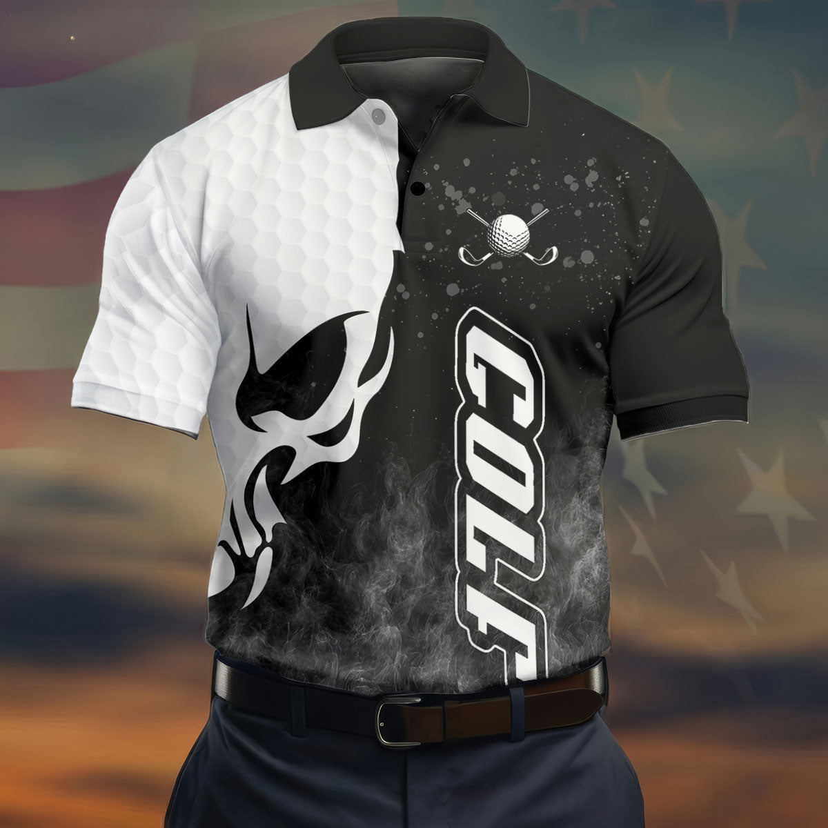 Monochrome Skull Golf Ball Graphic Golf Shirt, Mens Golf Polo, Printed Golf Shirts