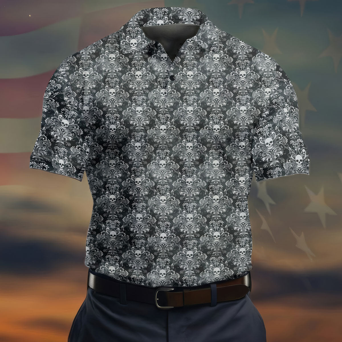 Skull Damask Charcoal Grey Gothic Floral Golf Tops For Men, Polo Shirtor Men, Golf Shirts For Men
