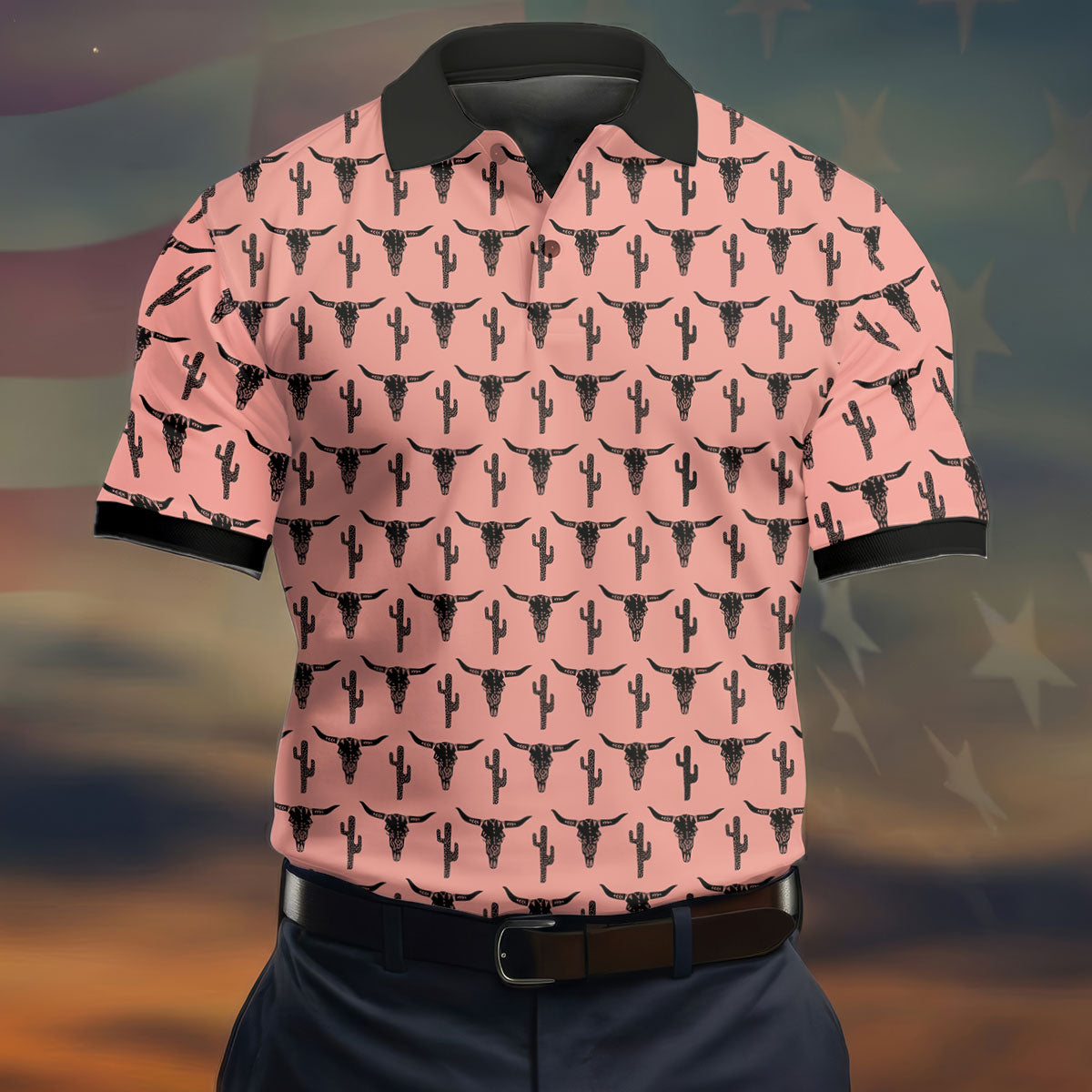 Longhorn Cow Skull Western Theme Peach Pink Golf Tops For Men, Polo Shirtor Men, Golf Shirts For Men