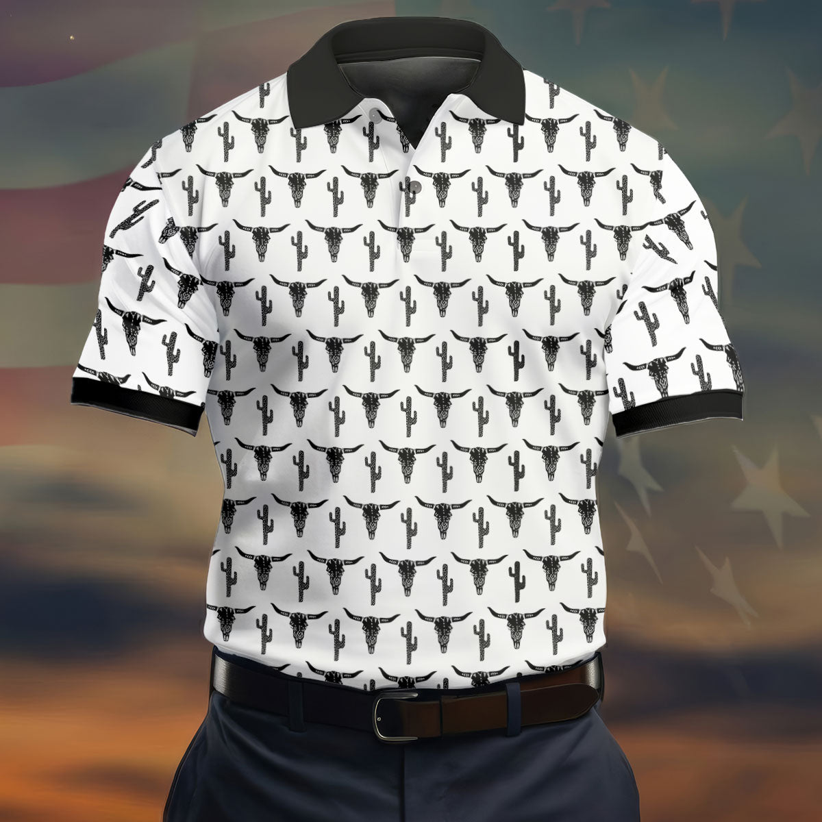 Longhorn Cow Skull Western Theme White Golf Tops For Men, Polo Shirtor Men, Golf Shirts For Men