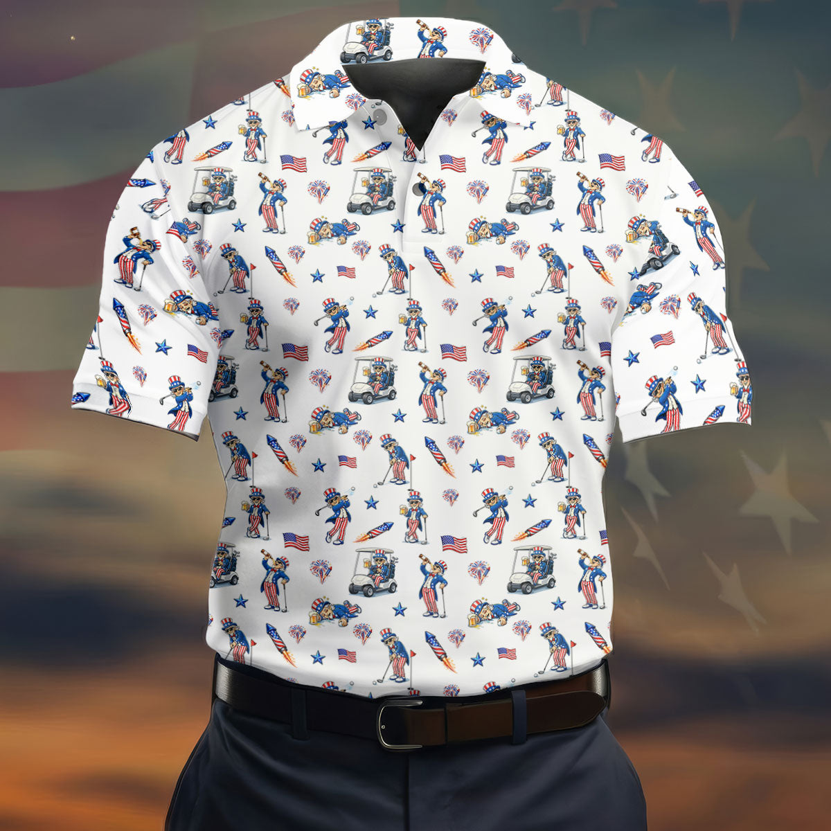 Patriotic Man Golf And Beer Funny 4th Of July White Golf Shirt, 250 Years Seamless Pattern Golf Shirts For Men