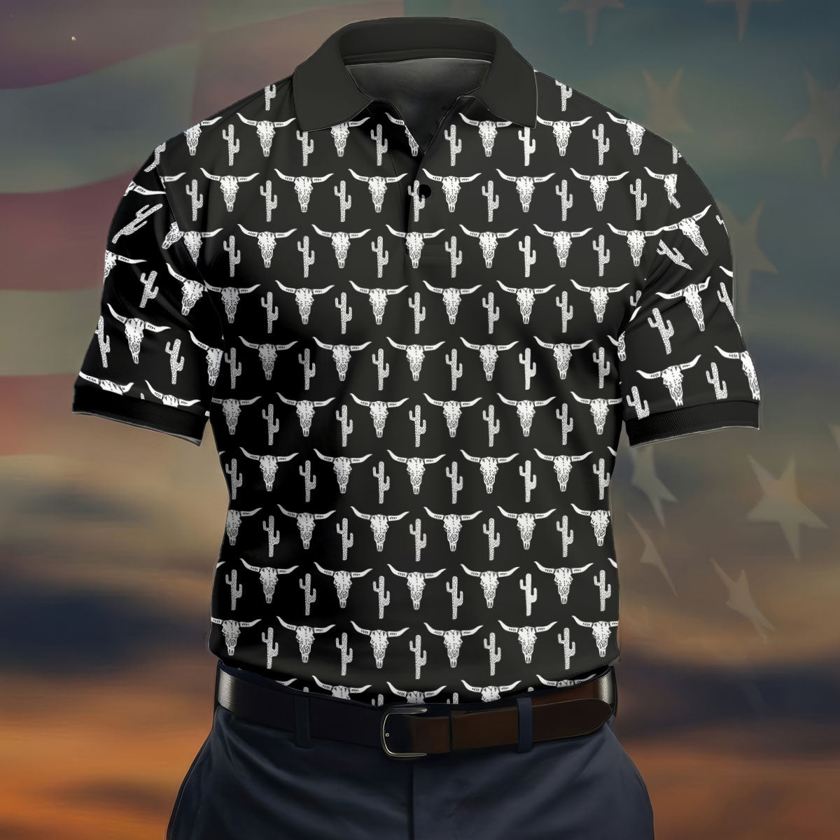 Longhorn Cow Skull Western Theme Black Golf Tops For Men, Polo Shirtor Men, Golf Shirts For Men