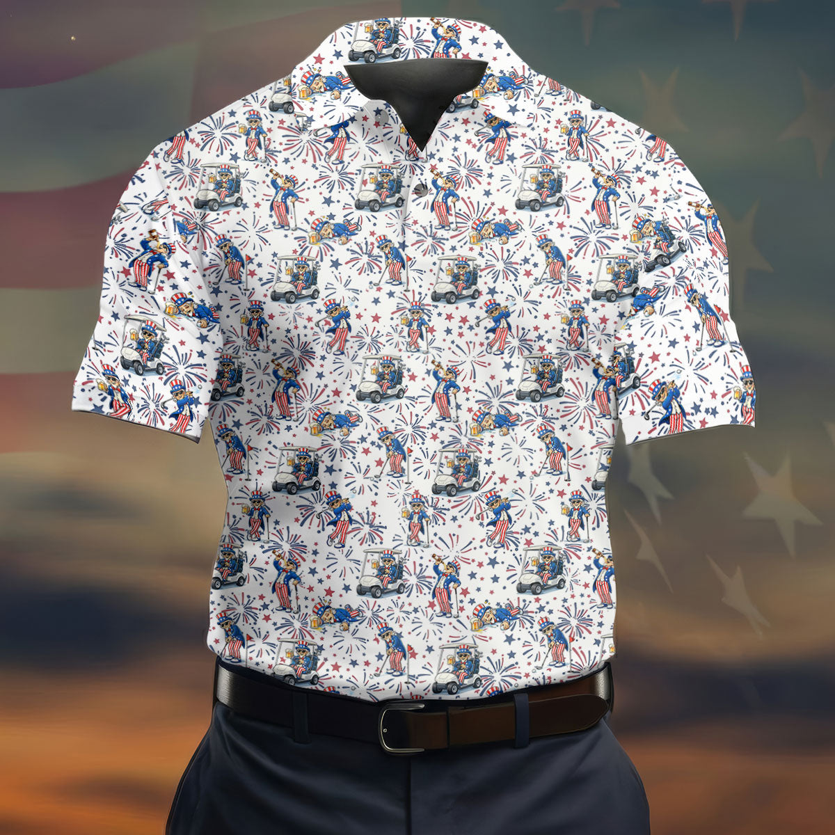Patriotic Theme Golf And Beer Funny 4th Of July Golf Shirt, 250 Years Seamless Pattern Golf Shirts For Men