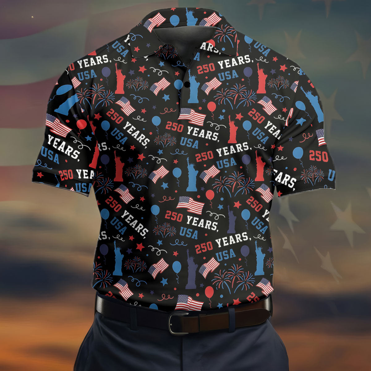 250 Years USA Red White Blue Seamless Pattern Black Golf Shirt, Patriotic 4th Of July Golf Shirts For Men