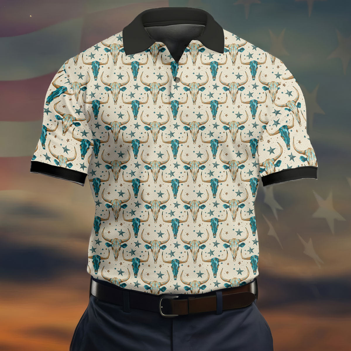 Cow Skulls Turquoise And Beige Western Theme Golf Tops For Men, Polo Shirtor Men, Golf Shirts For Men