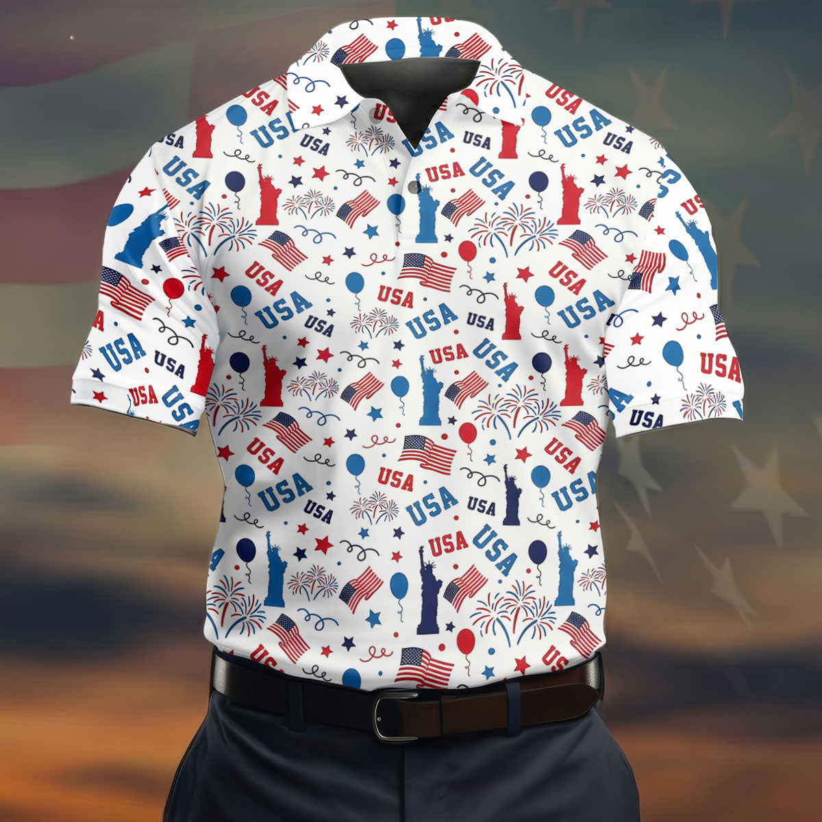 USA Red White Blue Seamless Pattern White Golf Shirt, 250th Anniversary Patriotic 4th Of July Golf Shirts For Men