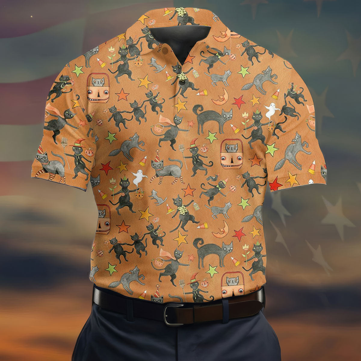 Vintage Black Cat Halloween Pattern Polo Shirt, Mens Golf Polo, Golf Apparel For Men
