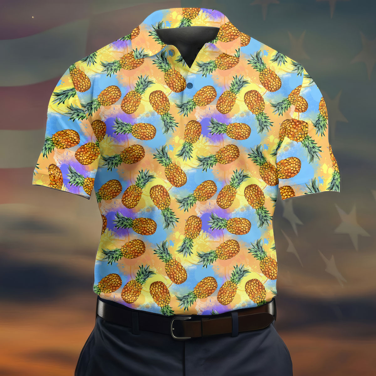 Watercolor Pineapple Tropical Pattern Design Hawaiian Golf Shirt, Golf Shirts For Men, Polo Shirts For Men