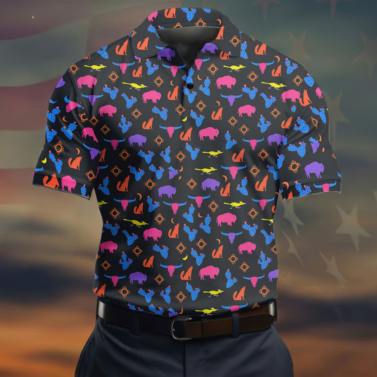 Neon Desert Cactus Buffalo Hawaiian Golf Shirt, Mens Golf Polo, Printed Golf Shirts