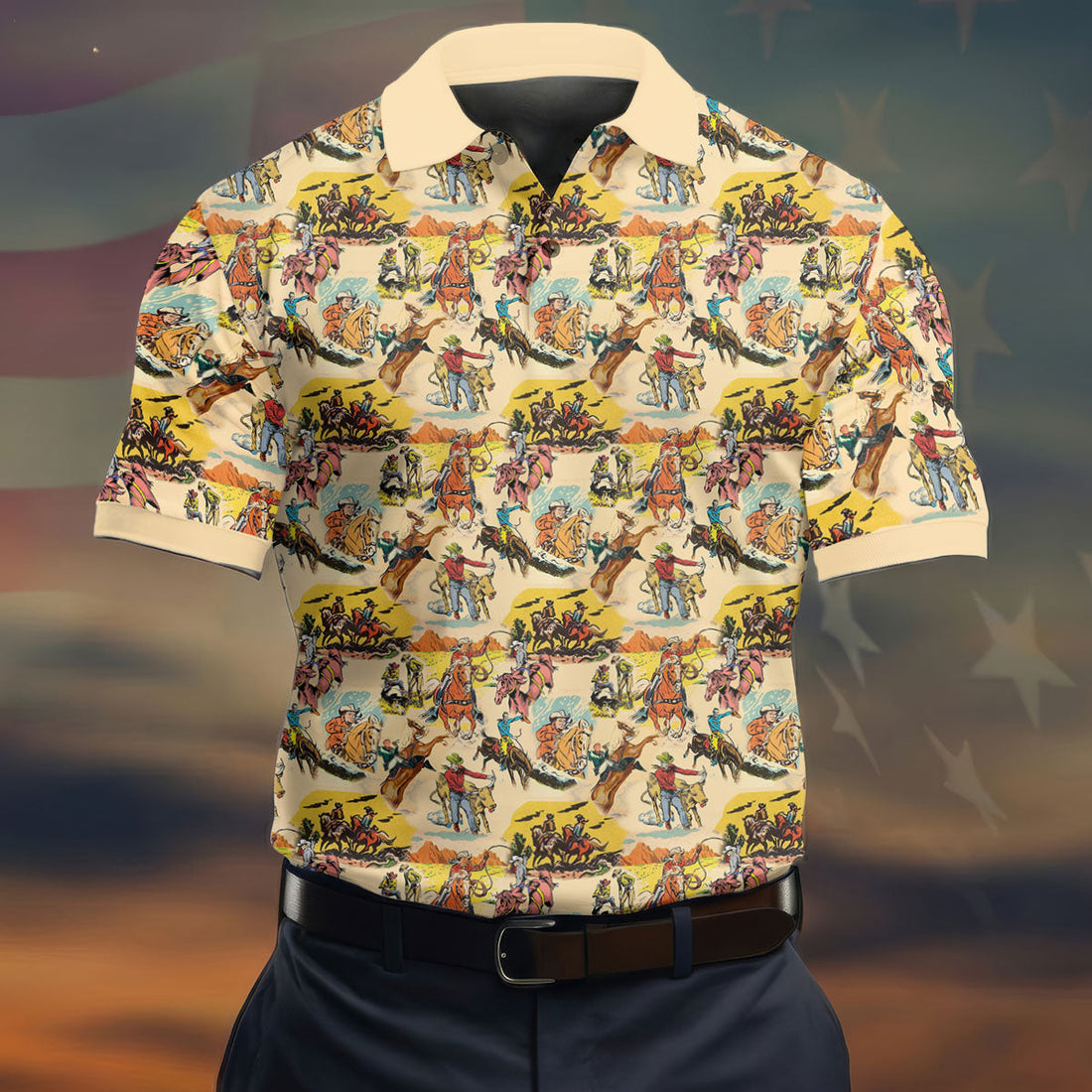 Vintage Cowboy Western Theme Old West Golf Tops For Men, Polo Shirt Men, Golf Shirts For Men