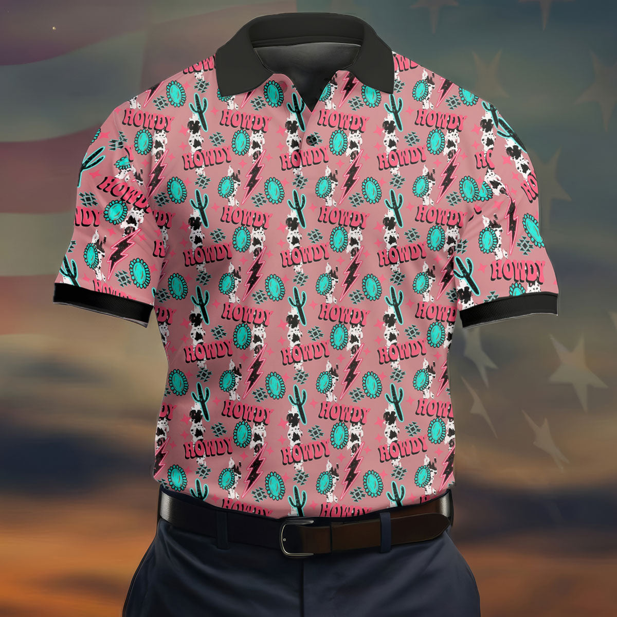 Howdy Pink Lightning Bolts Western Theme Golf Tops For Men, Polo Shirtor Men, Golf Shirts For Men